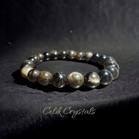 Gold Obsidian Bracelet Natural Stones 8mm Unisex Stretch Bracelet - Picture 2 of 5